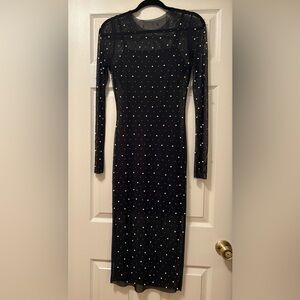 Sincerely Jules Black Mesh & Pearl Long Sleeve Embellished Midi Dress